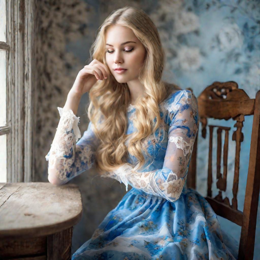Молодая женщина в голубом цветочном платье и длинных кружевных перчатках без пальцев мечтательно прижимает к щеке кружевную перчатку