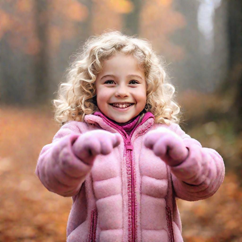 Девочка на улице туманным осенним днем в розовой куртке показывает новые вязаные перчатки с единорогами и пристегивающимися варежками