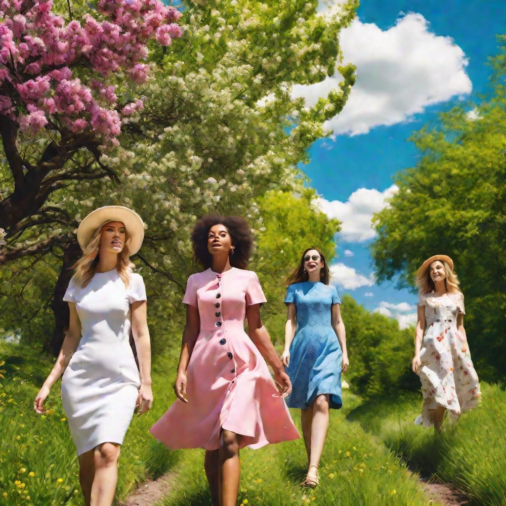 Женщины в платьях рубашках на фоне весеннего цветения