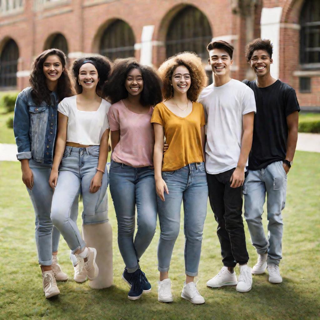 Группа улыбающихся студентов разных рас и национальностей на территории университета.
