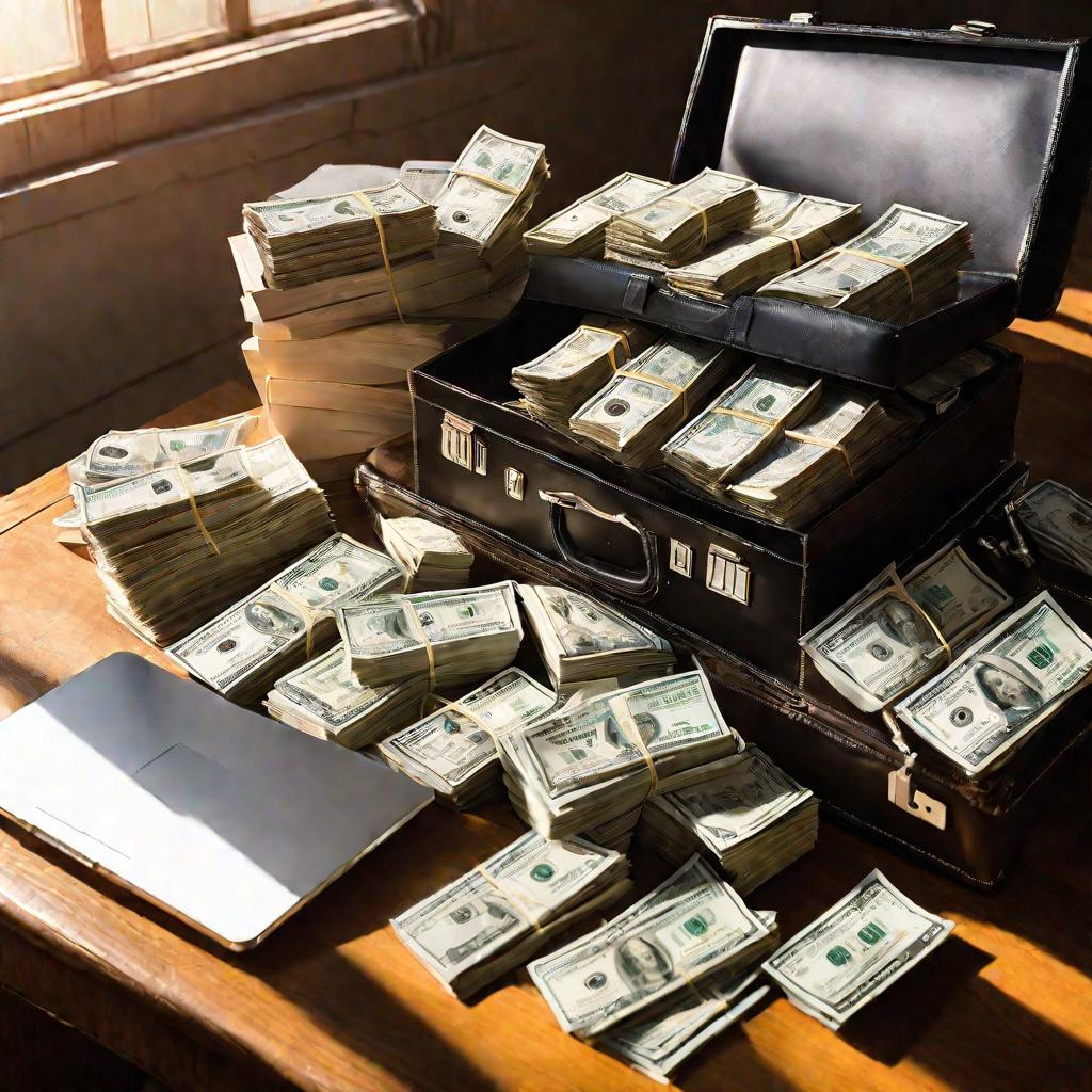 Деньги, ноутбук и документы на столе
