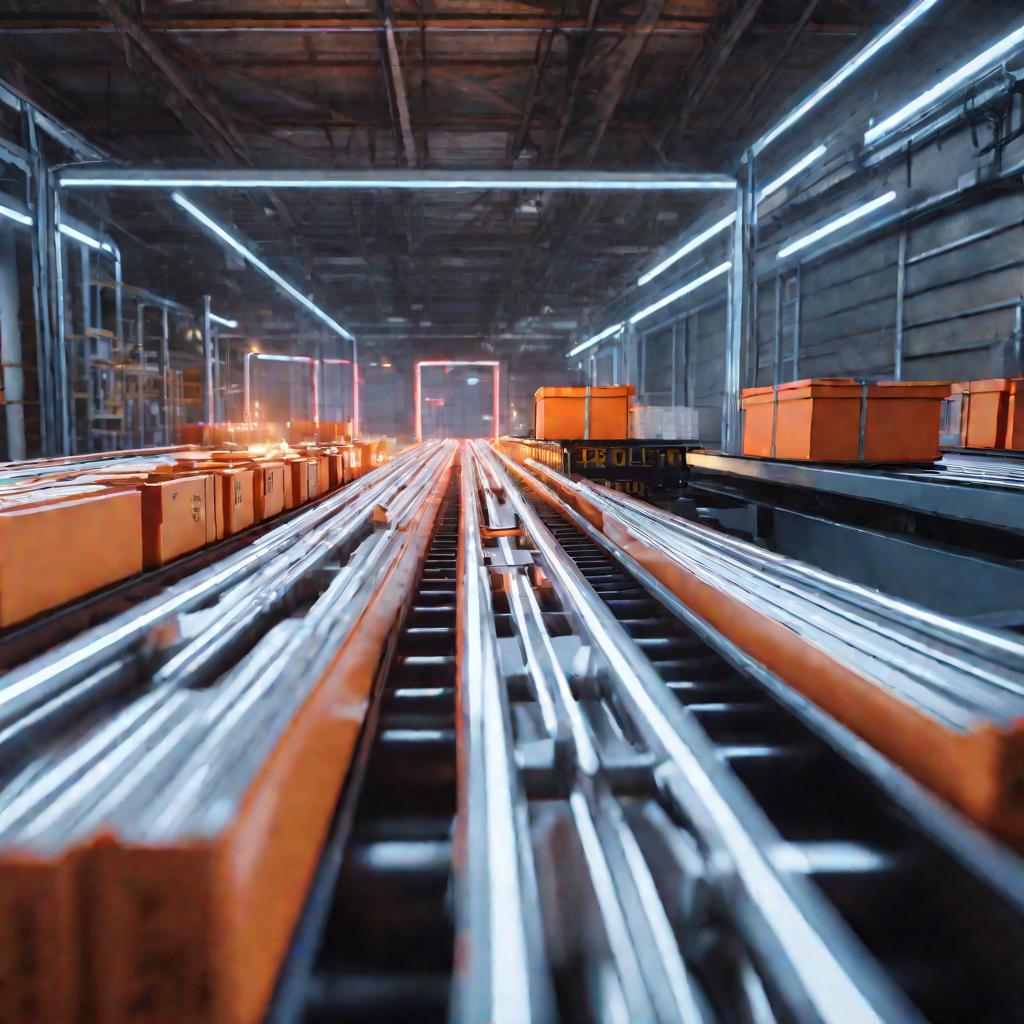 Драматичный крупный план транспортерной ленты в автоматизированном складе с ярким неоновым освещением.