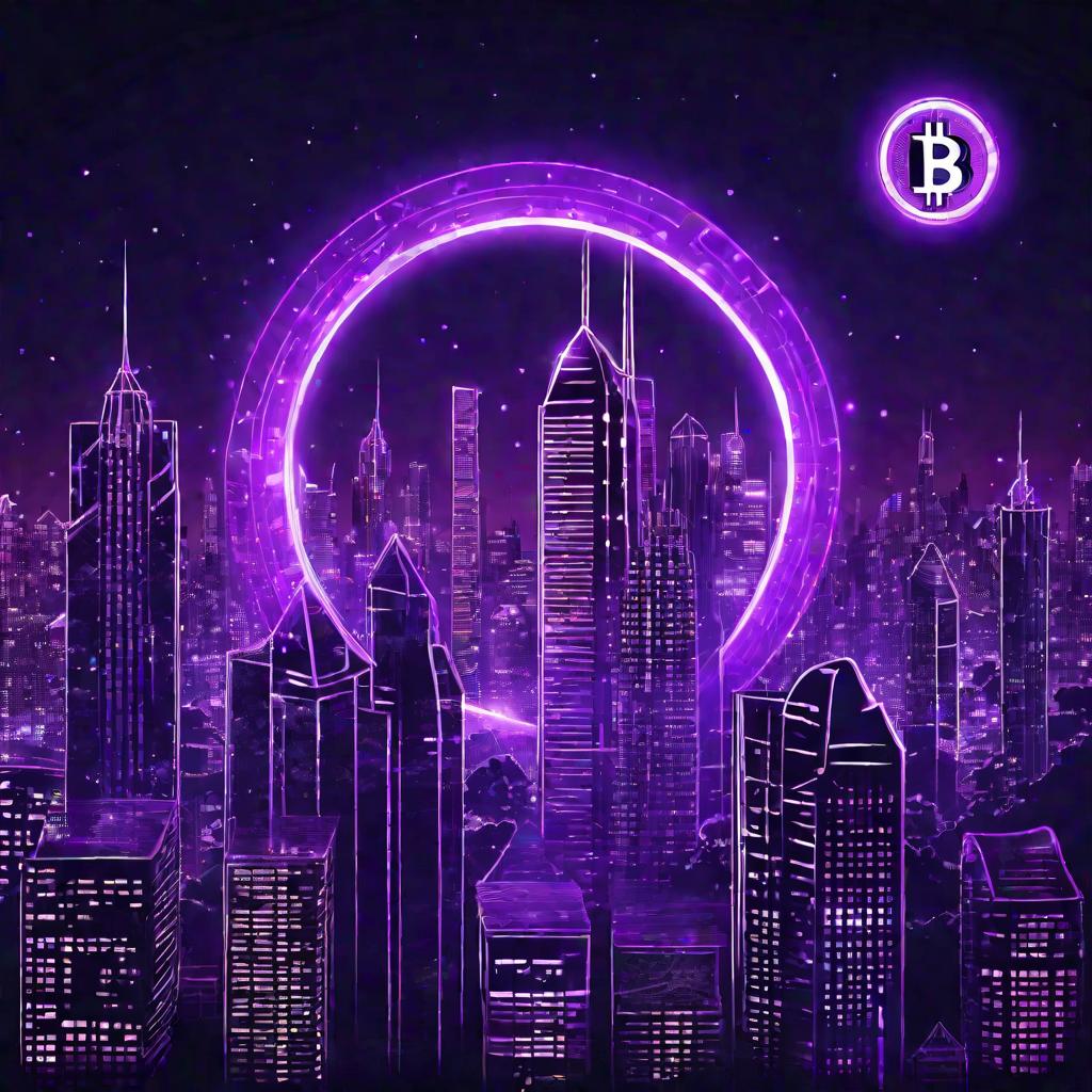 Логотип биткоина над ночным городом