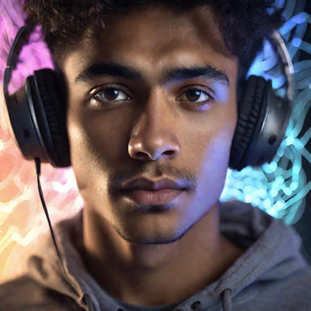 Портрет молодого человека, слушающего через наушники голограмму с частицами, символизирует процесс познания