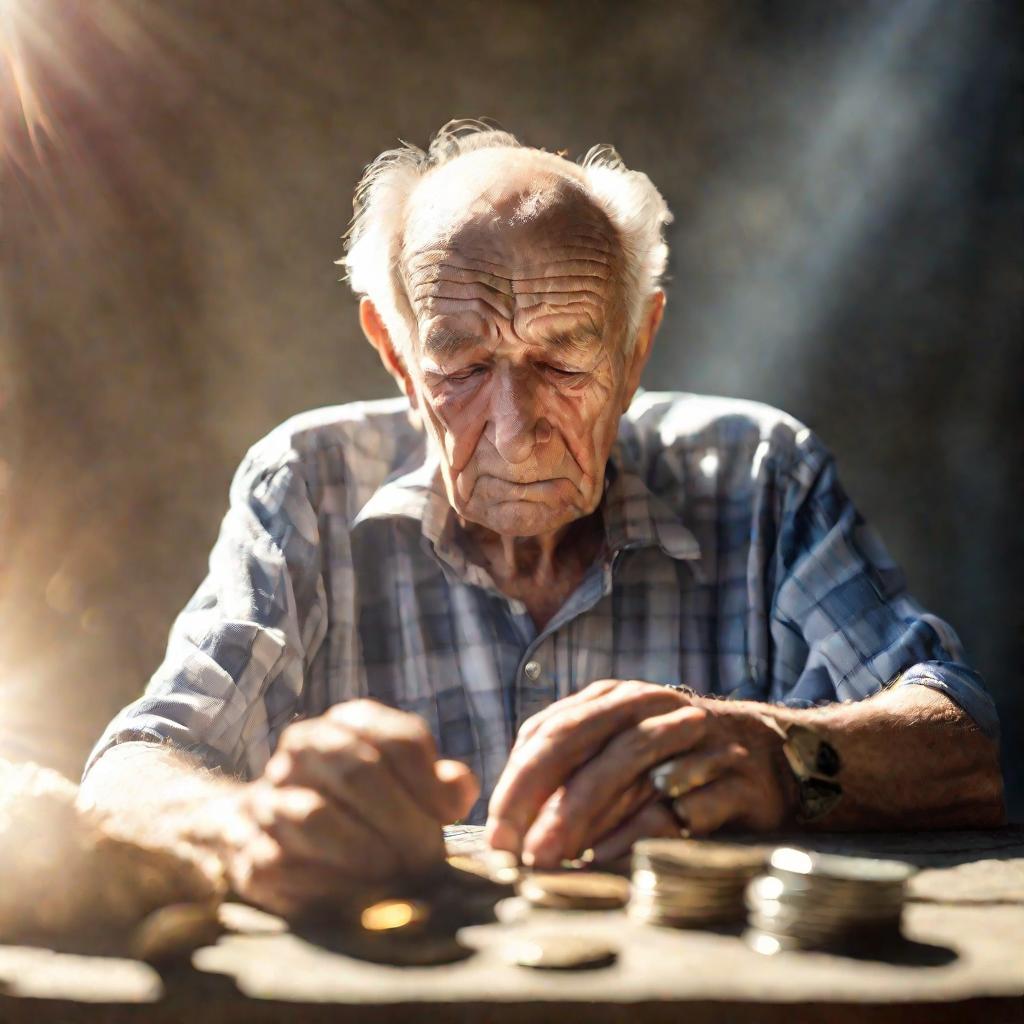 Пенсионер смотрит на монетки