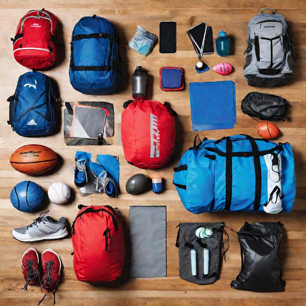 Вид сверху на разнообразные спортивные сумки и аксессуары на столе