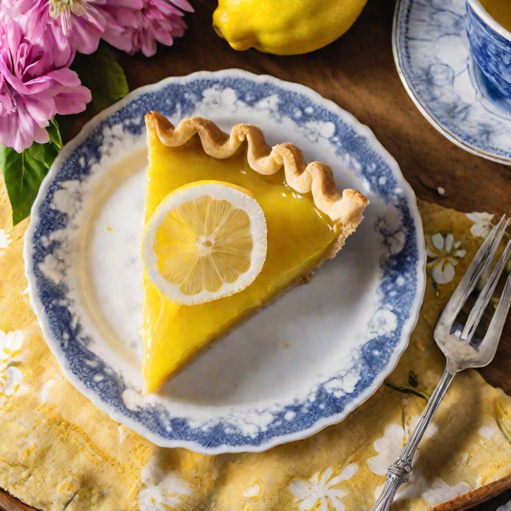 Фото кусочка лимонного пирога на тарелке на деревянном столе при дневном свете