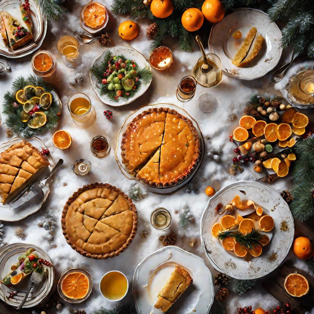 Вид сверху на большой праздничный стол с разнообразными вкусными русскими блюдами, включая кулебяку, салат Оливье, селедка под шубой, медовик, мандарины и шампанское в снежный зимний день. Сцена имеет волшебную, новогоднюю атмосферу.