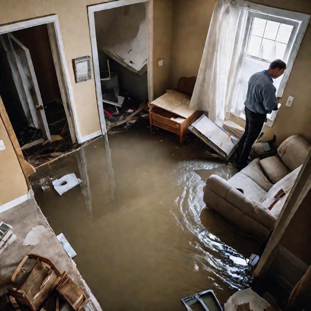 Страховой агент осматривает затопленную соседскую квартиру чтобы оценить ущерб для страховой выплаты по полису гражданской ответственности