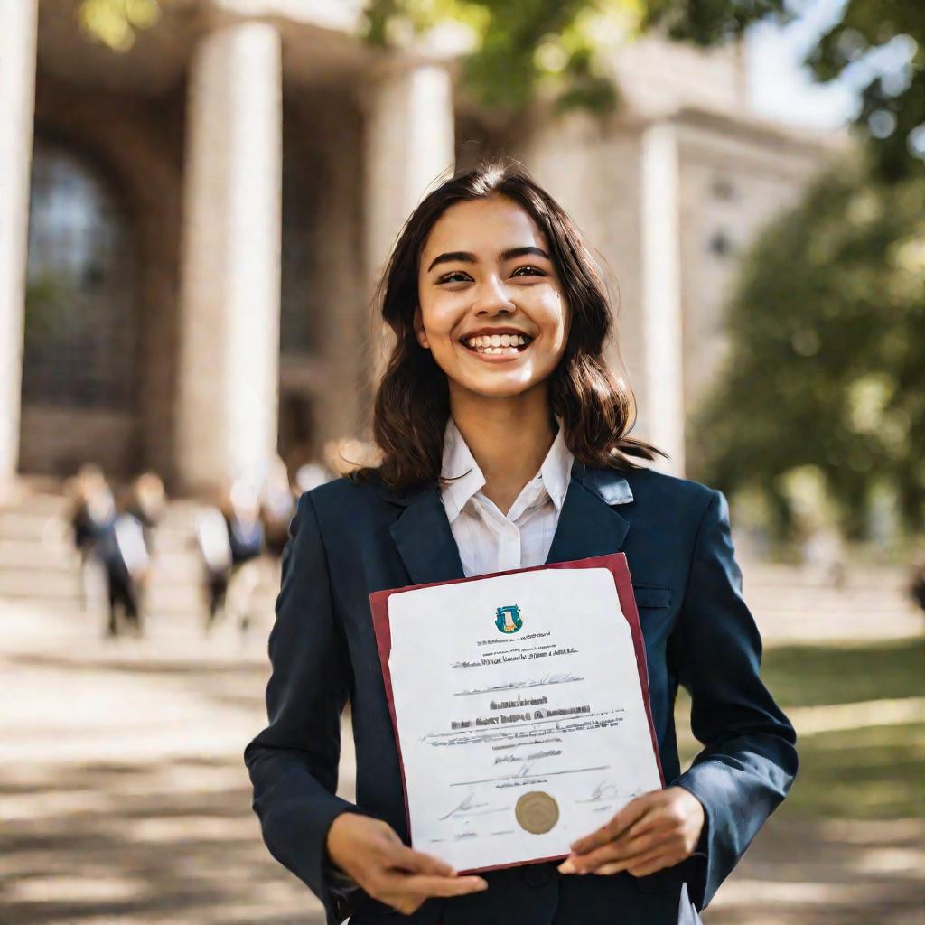 портрет счастливой девушки с дипломом перед университетом