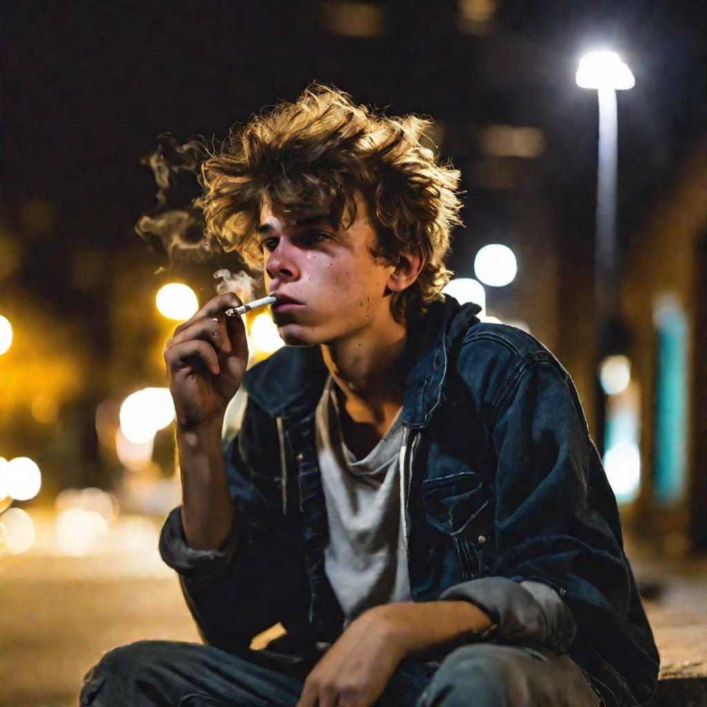 Подросток курит на улице ночью