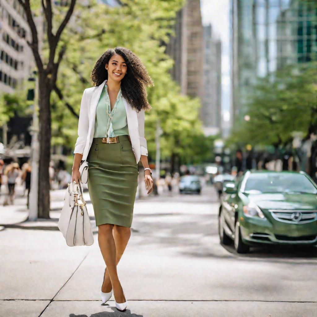 Модная девушка идет по городской улице в зеленой юбке с белым пиджаком