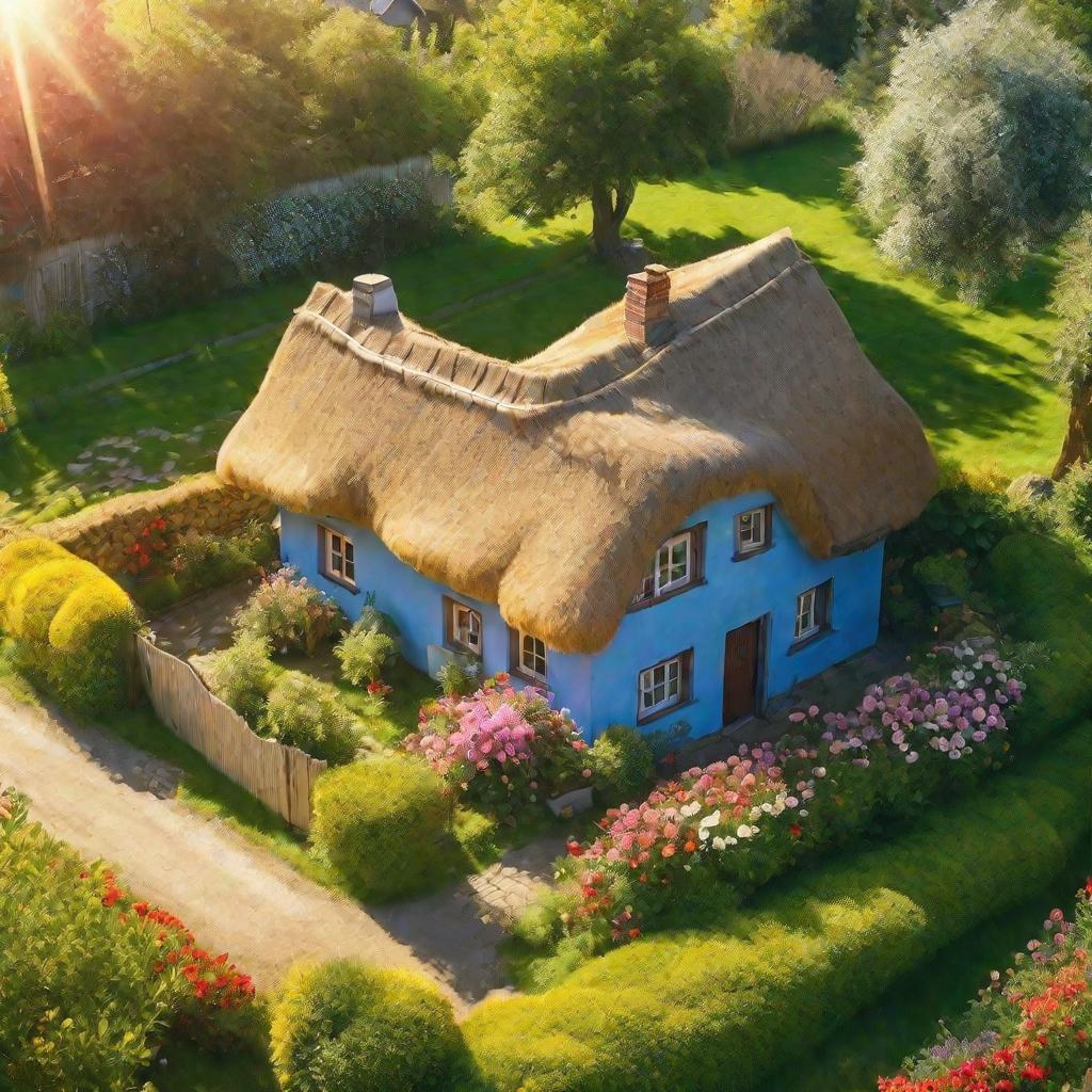 Вид сверху на уютный деревенский домик с соломенной крышей и цветущим садом под ясным голубым небом летом. Лучи теплого желтого солнца светят на яркую зеленую траву и разноцветные цветы, окружающие милый домик.