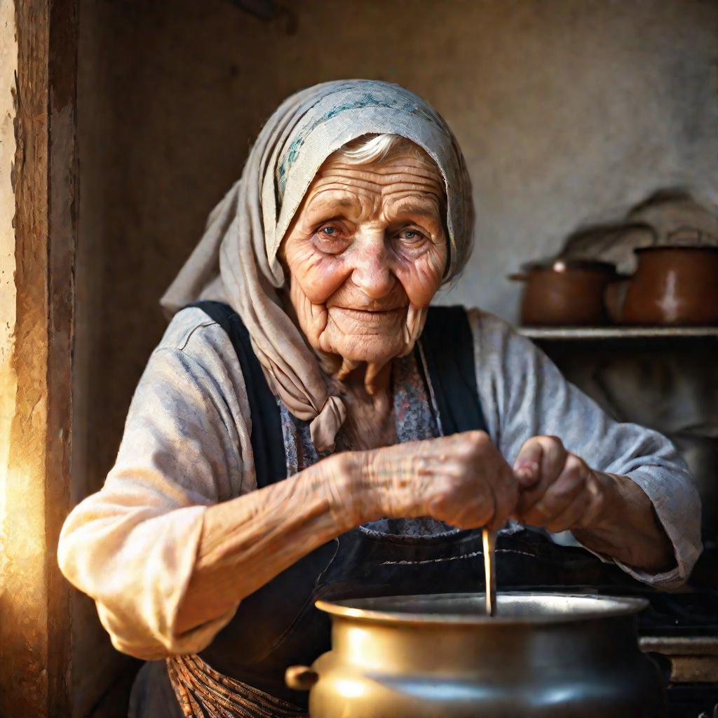 Бабушка готовит кисель на плите