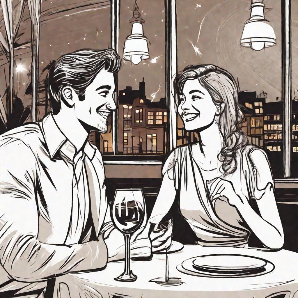 Молодая пара сидит друг напротив друга за столиком в красивом ресторане, улыбаются и наклоняются друг к другу, как бы увлеченно разговаривая во время ужина. Романтическое настроение, теплое внутреннее освещение.