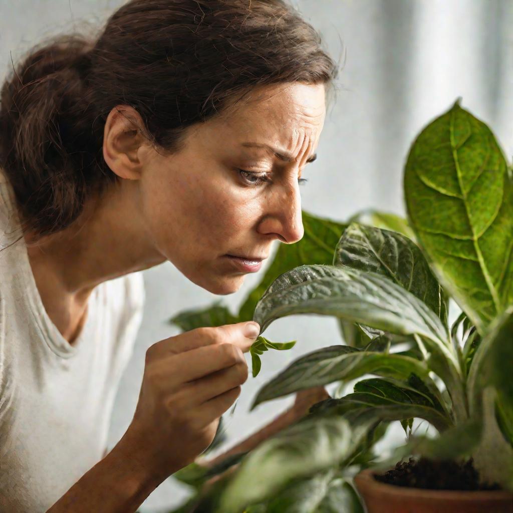 Женщина осматривает больное комнатное растение