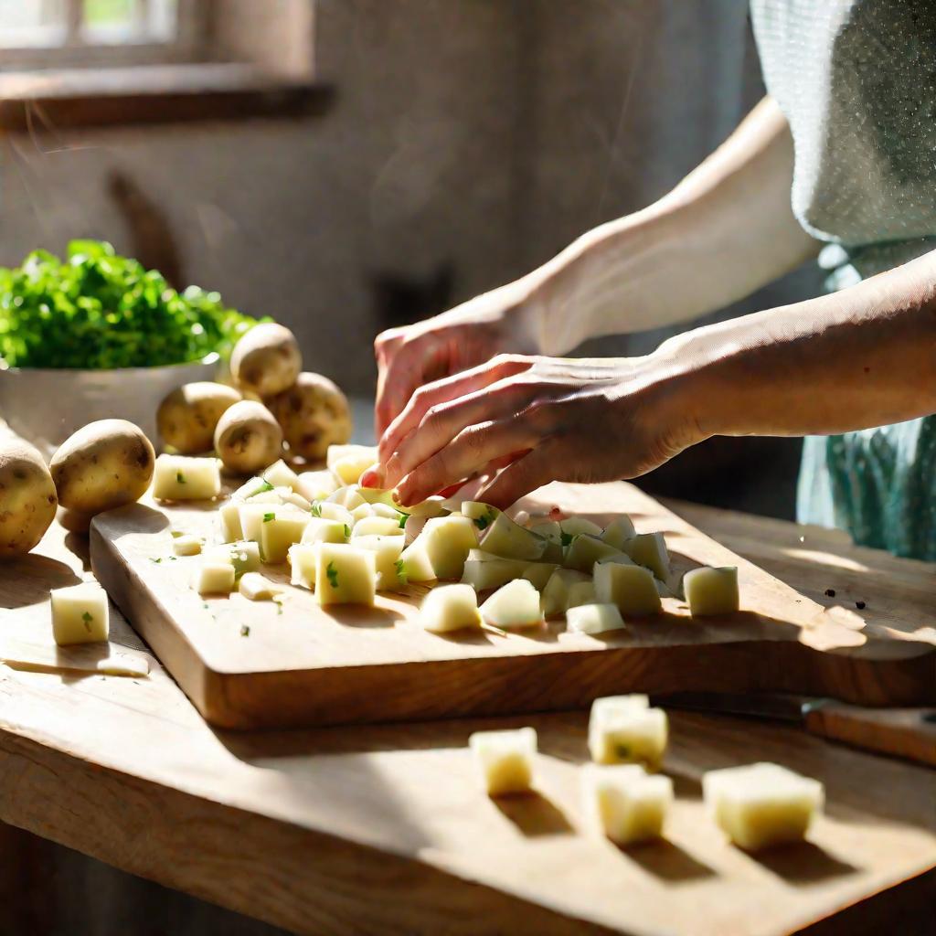 Руки женщины нарезают картошку для окрошки