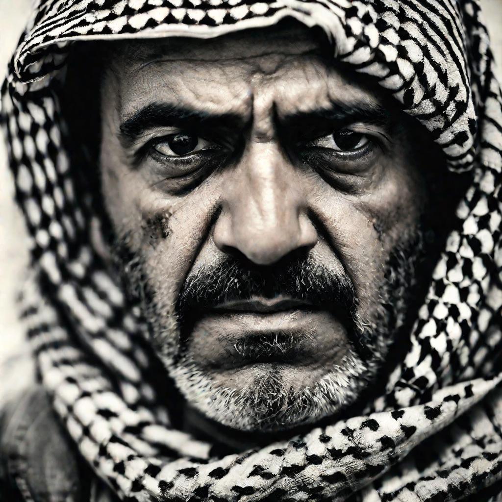 Крупный план драматичного портрета палестинца средних лет в куфии. У него сердитое выражение лица, нахмуренные брови и стиснутые челюсти, он смотрит прямо в камеру.