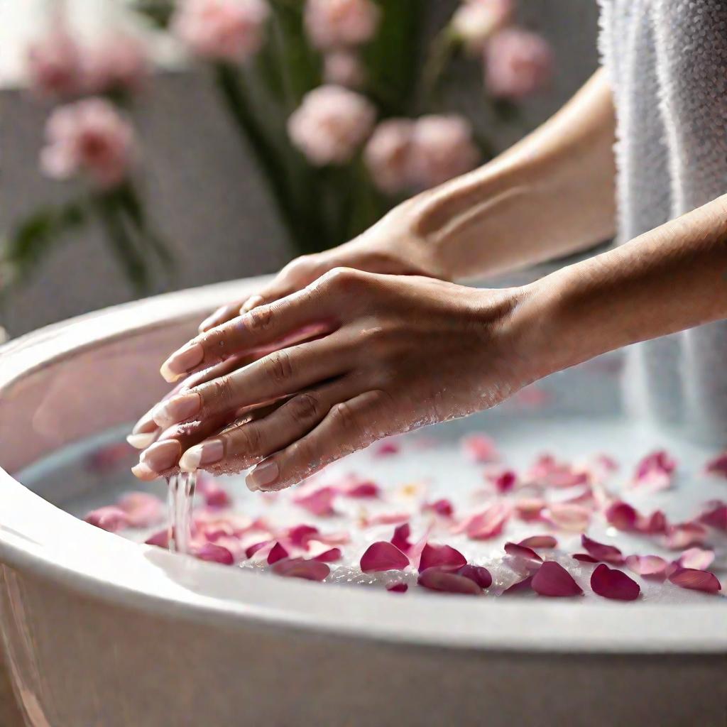 Руки в ванночке после снятия ногтей