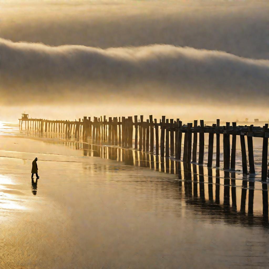 Утренний вид на приморский городок с рыбаком на берегу, символизирующий захламленный реестр