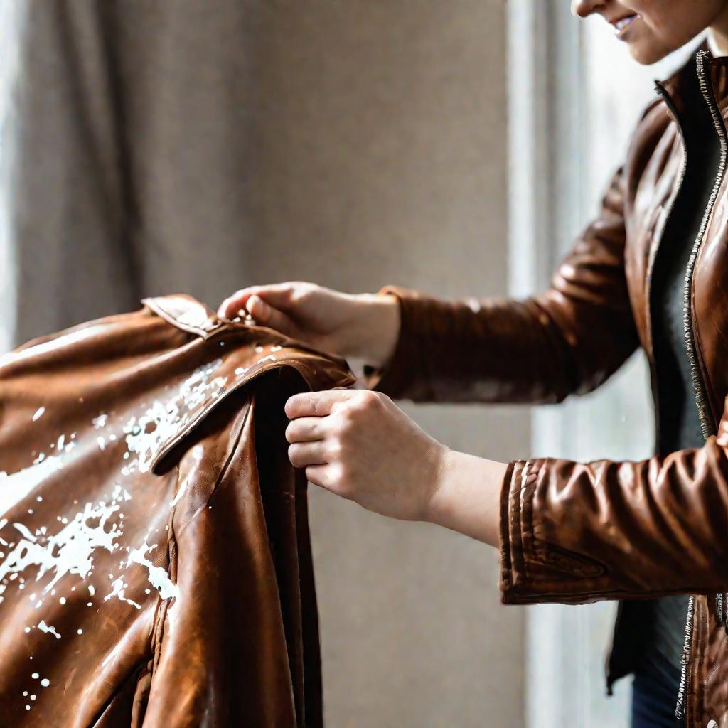 Женские руки держат испачканную краской коричневую кожаную куртку на свету у окна