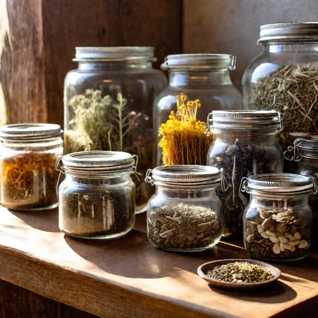 Близкий план разных сушеных лекарственных трав, семян и корней в банках на деревянном столе с солнечным светом из окна рядом
