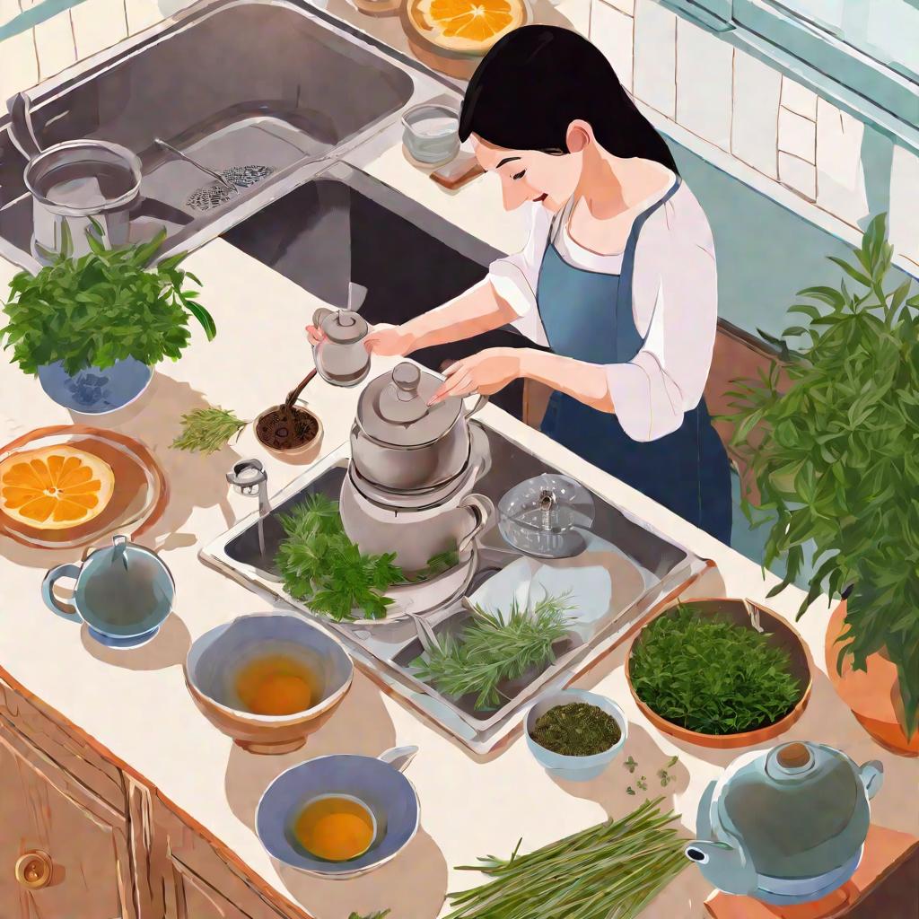 Вид сверху на молодую женщину на кухне, весело готовящую лечебный чай, окруженную свежими травами и кипящим чайником с поднимающимся паром в солнечное утро