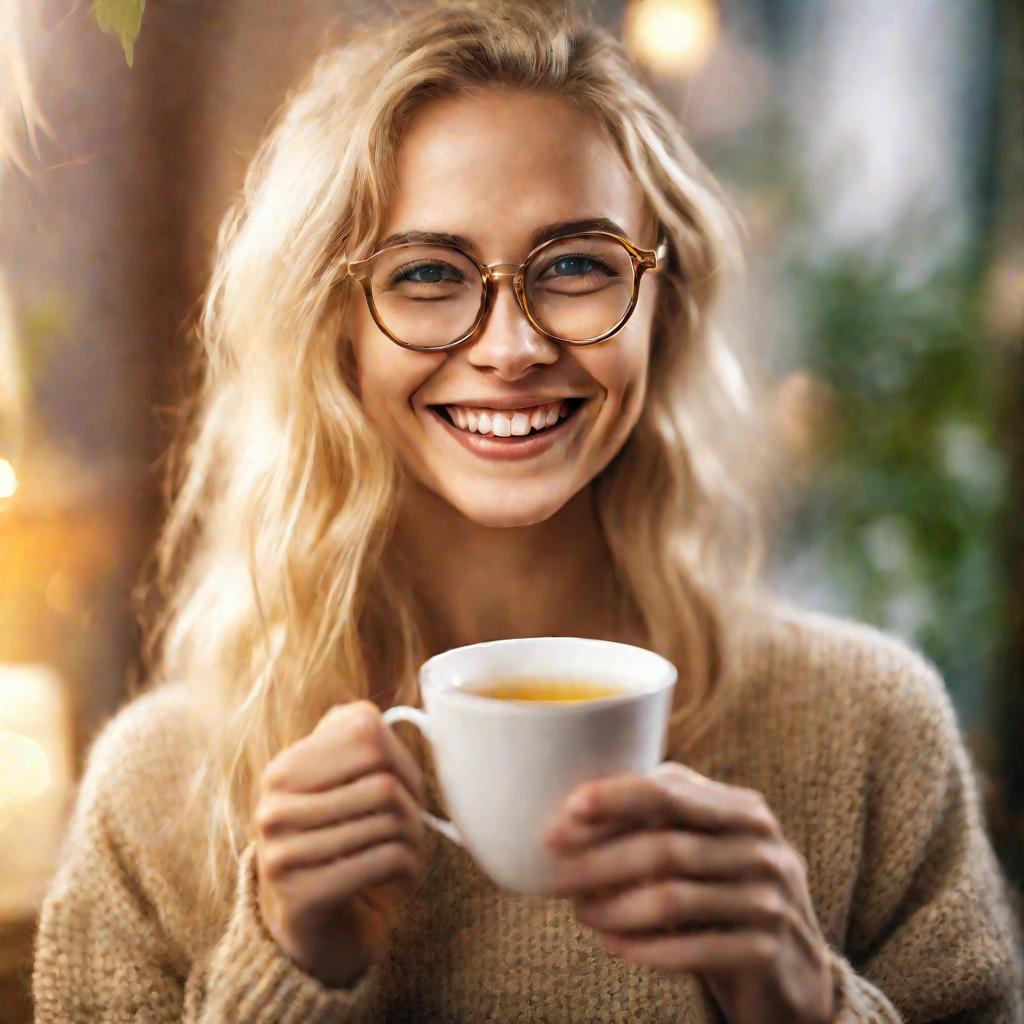 Женщина пьет чай из ромашки