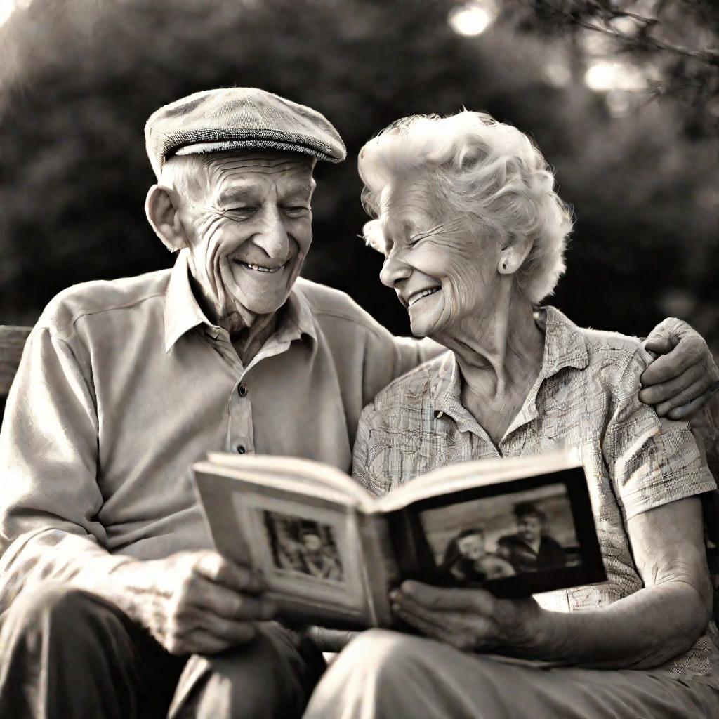 Пожилая пара смотрит старый фотоальбом