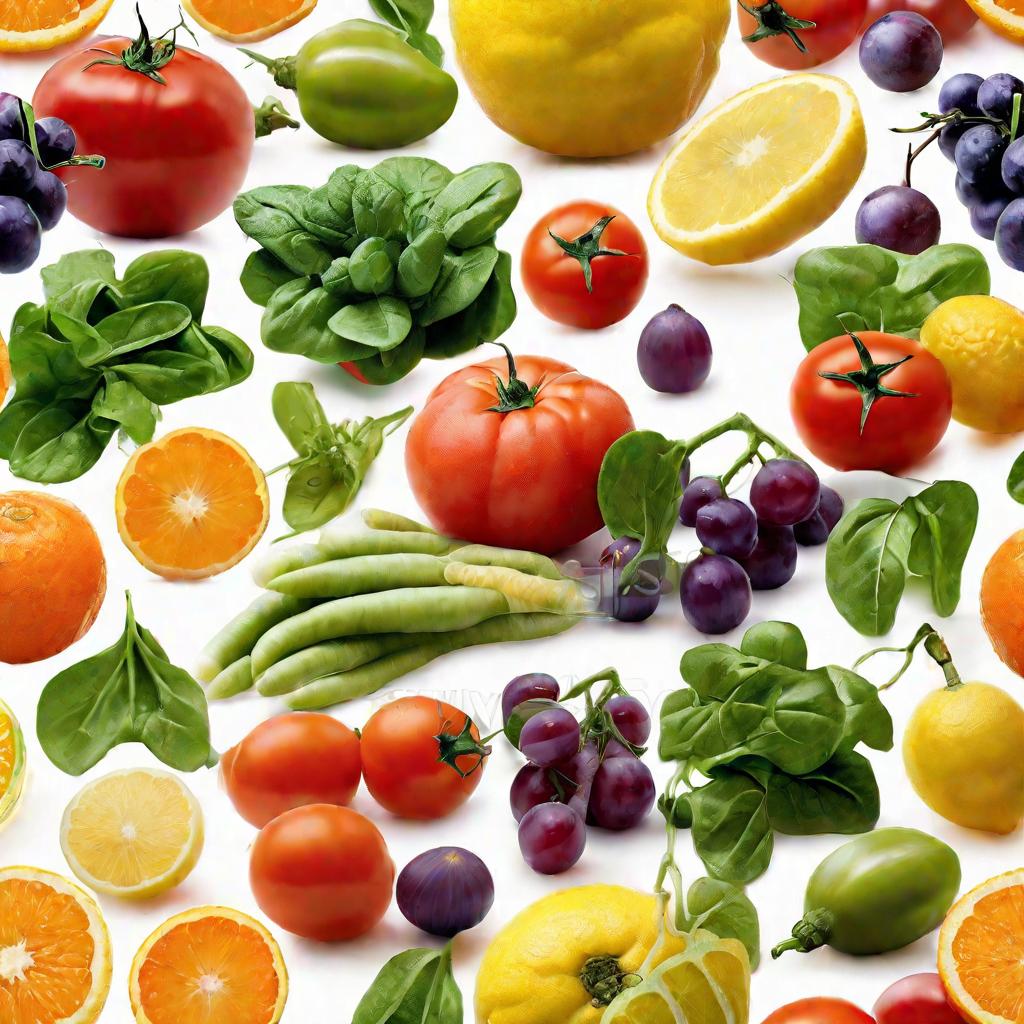 Крупный план свежих фруктов и овощей на белом фоне