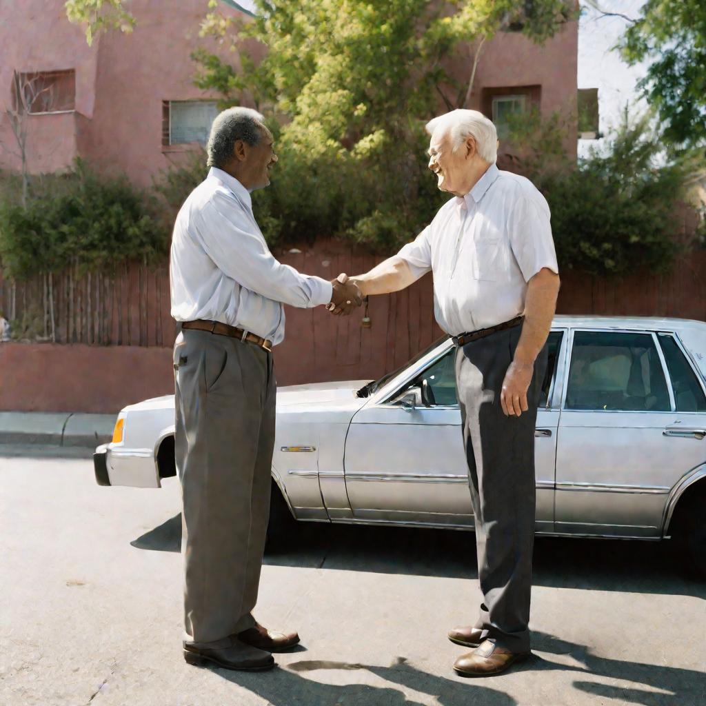 Покупатель и продавец жмут руки после сделки по продаже автомобиля