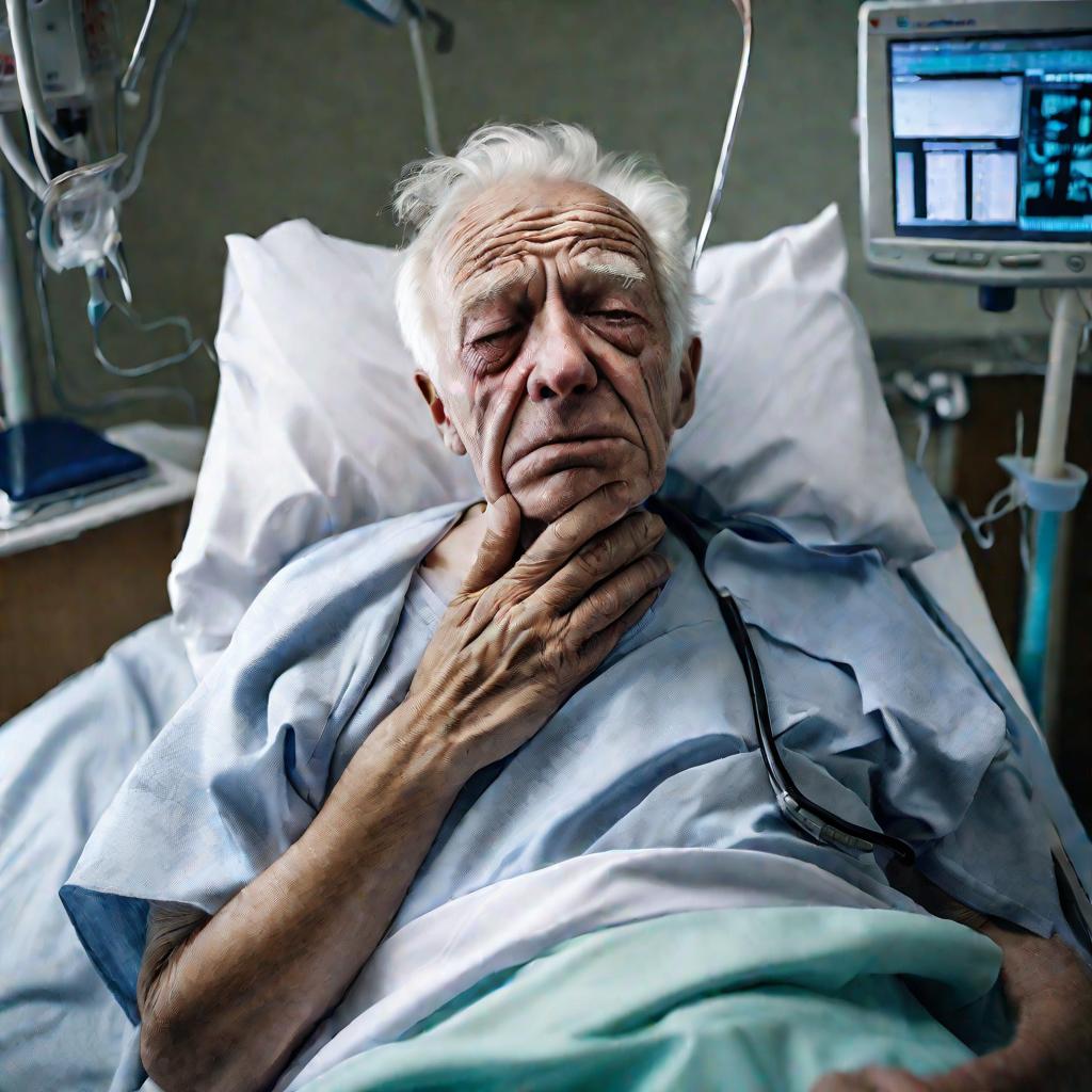 Крупным планом портрет пожилого мужчины в больничной палате, на его морщинистом лице слезы, он закрывает рот ладонью в отчаянии, узнав диагноз «аневризма сердца» от врача во время консультации, мягкое ненавязчивое освещение