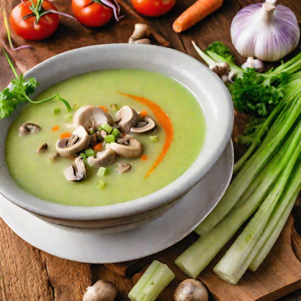 До краев полная миска горячего кремового супа из сельдерея с овощами на деревянном столе с пряностями и листьями сельдерея