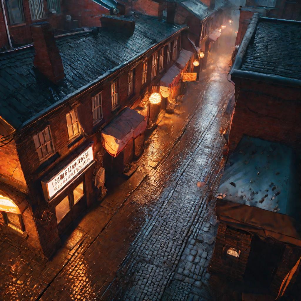 Драматичный вид сверху на переулок между старыми домами в теплых неоновых отблесках на мокрой брусчатке во время золотого часа под дождем.