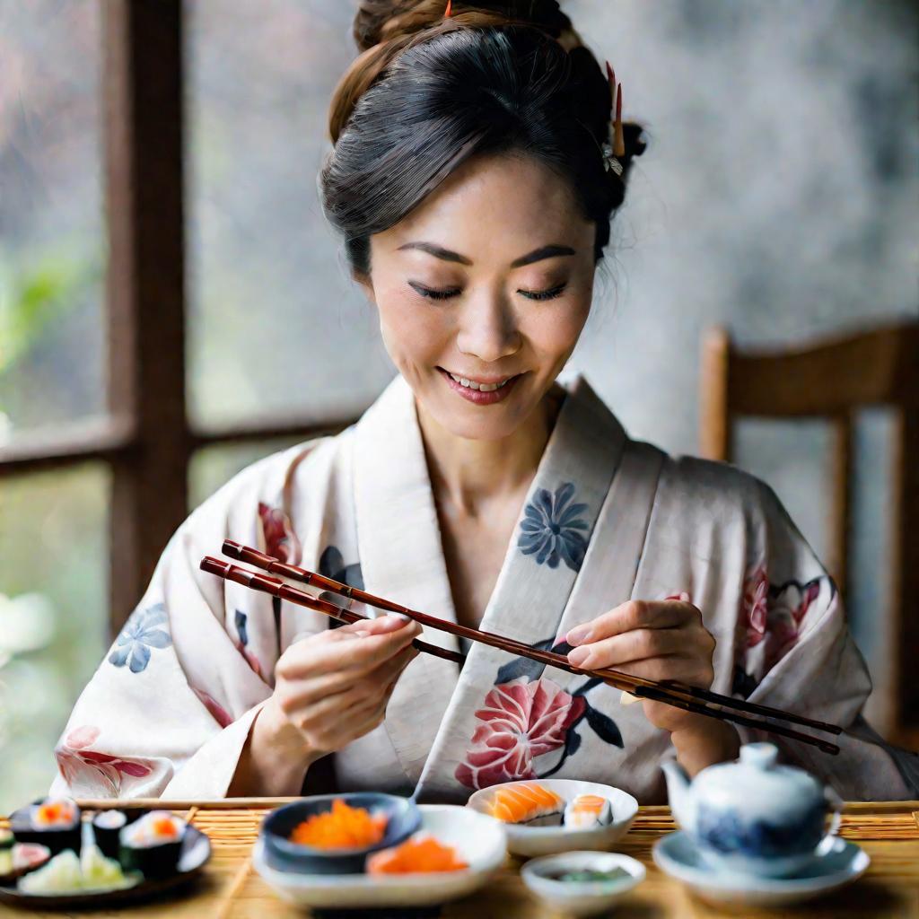 Женщина ест суши палочками