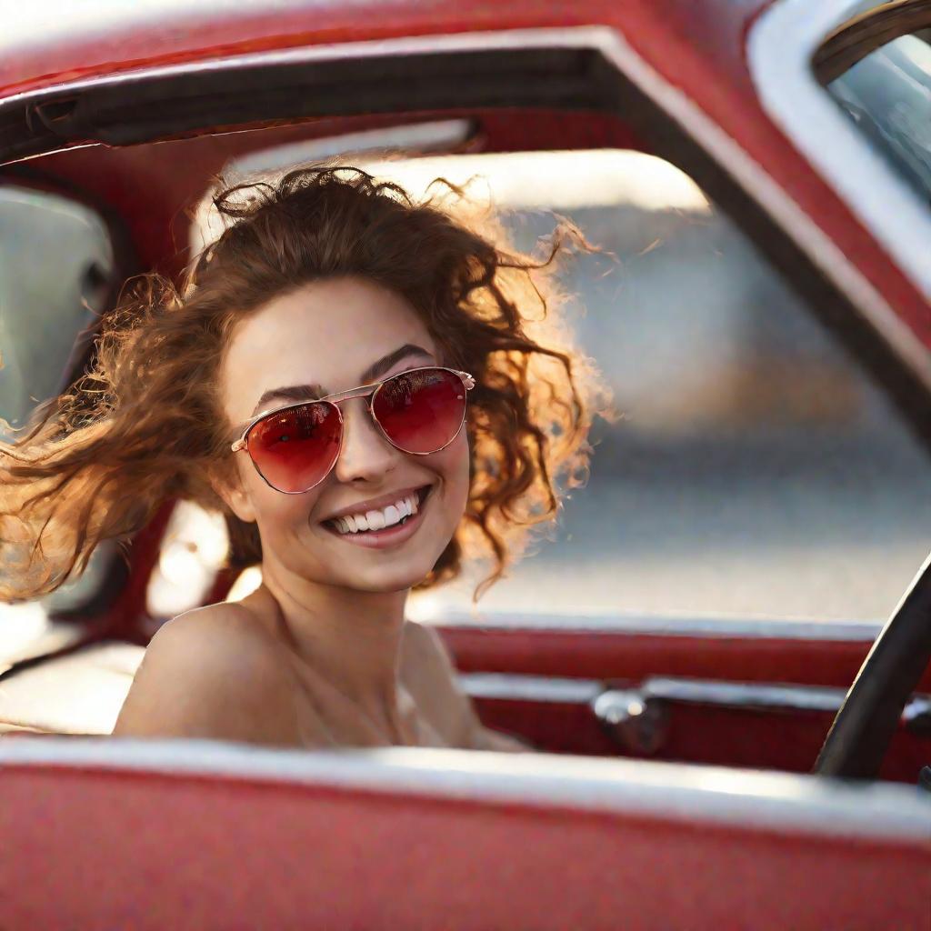 Крупный план молодой женщины за рулем красного купе, счастливо улыбающейся и поворачивающей голову через плечо. Мягкое студийное освещение выделяет ее лицо. У нее растрепанные волосы и стильные солнцезащитные очки.