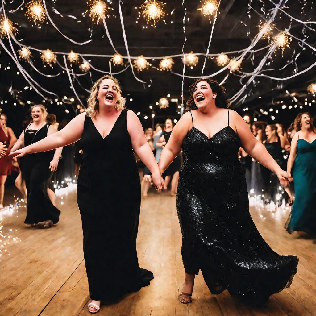 Две подруги в черных платьях танцуют на вечеринке