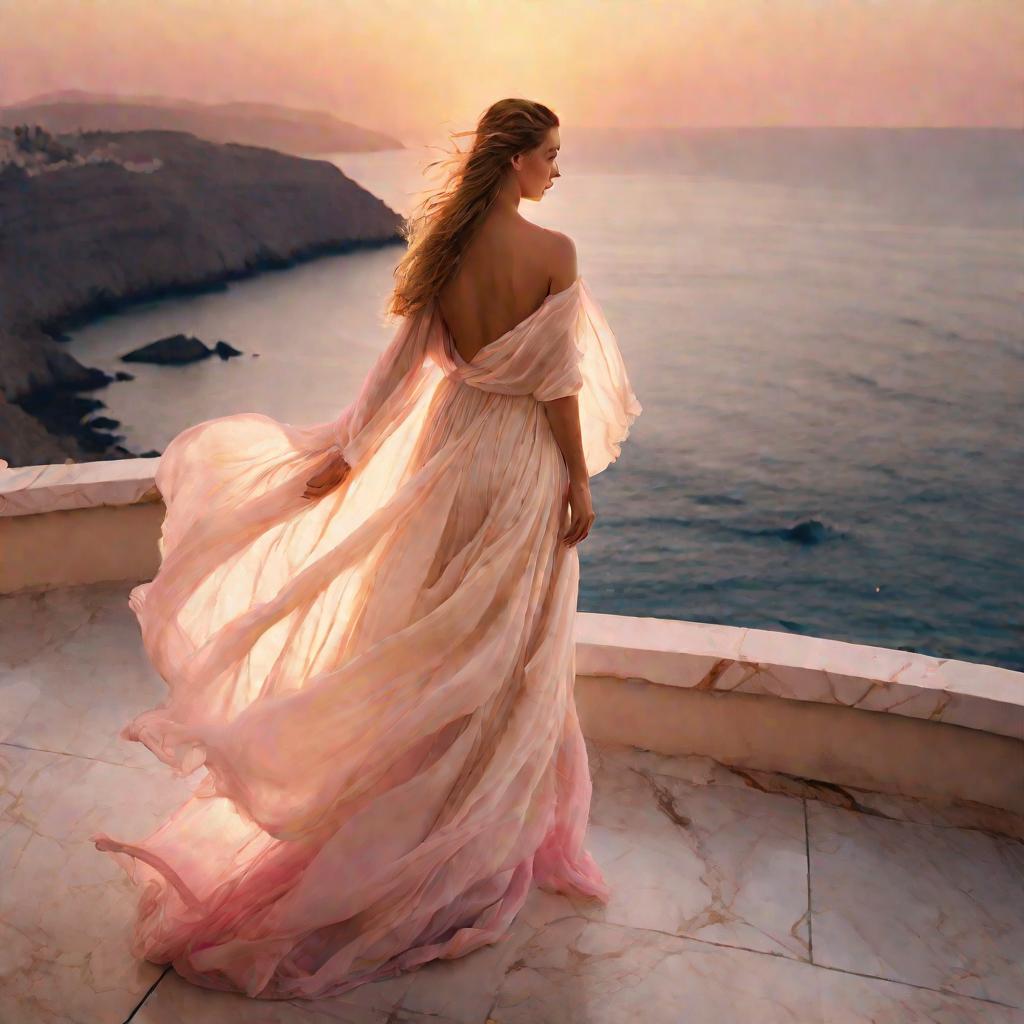Девушка в греческом платье любуется закатом на море