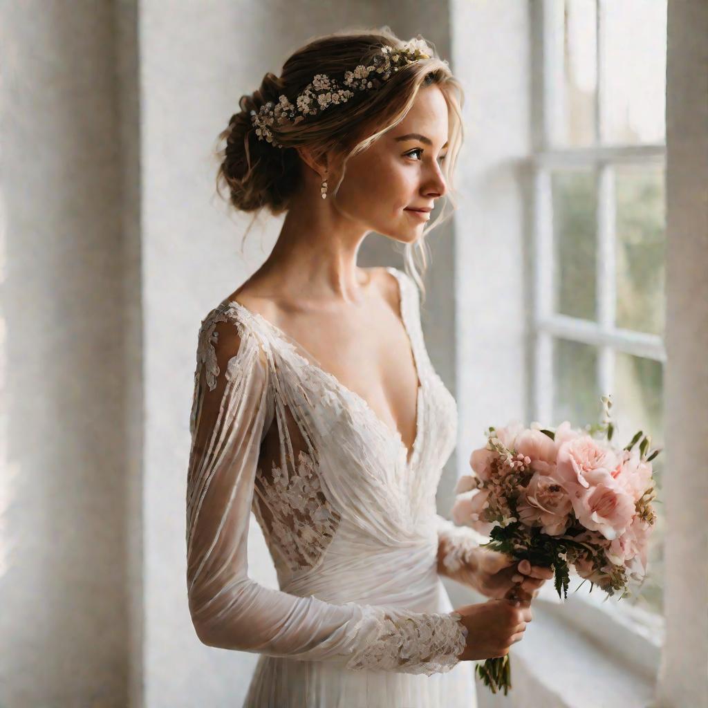 Счастливая невеста в греческом свадебном платье