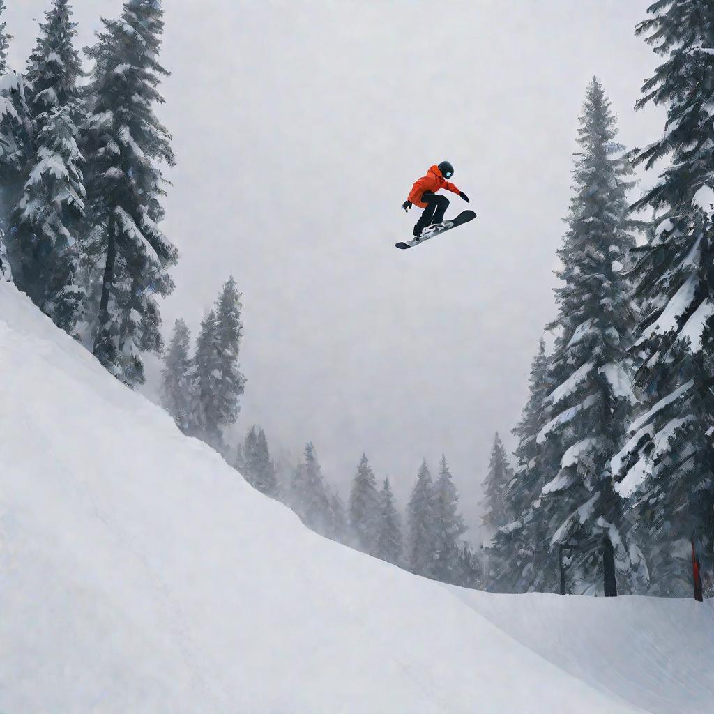 Сноубордист прыгает с трамплина и выполняет трюк граб в воздухе над заснеженной трассой среди хвойного леса