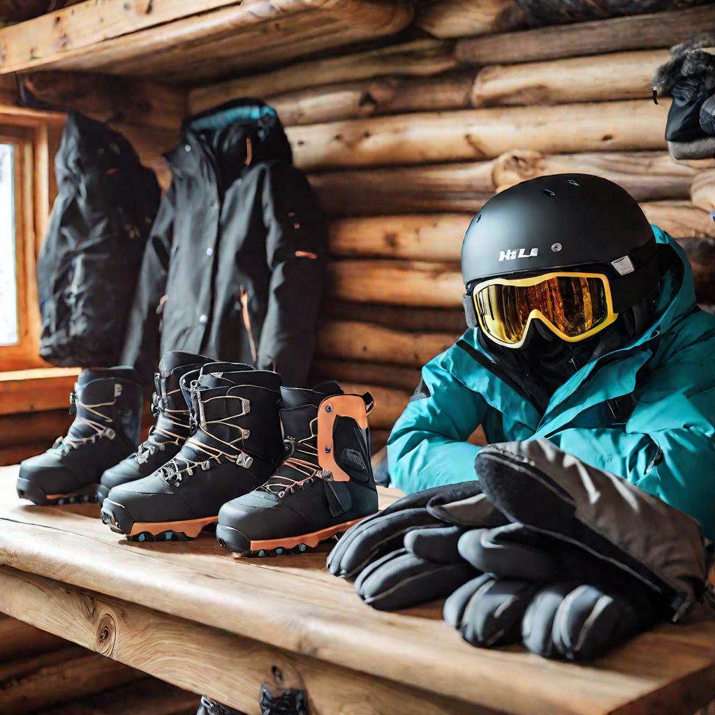 Новая сноубордическая экипировка аккуратно разложена в деревянном интерьере горного домика