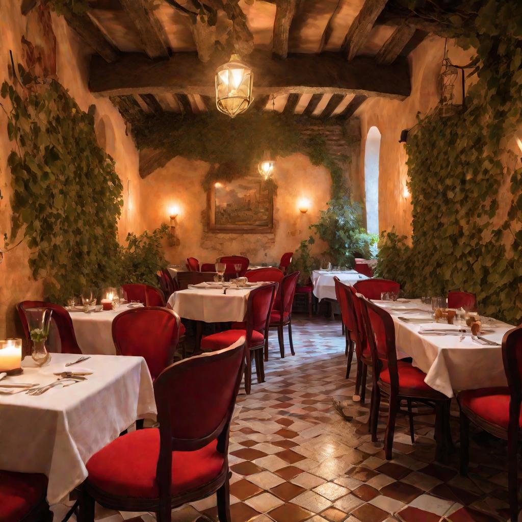 Интерьер итальянского ресторана при отеле в теплых тонах при свечах.