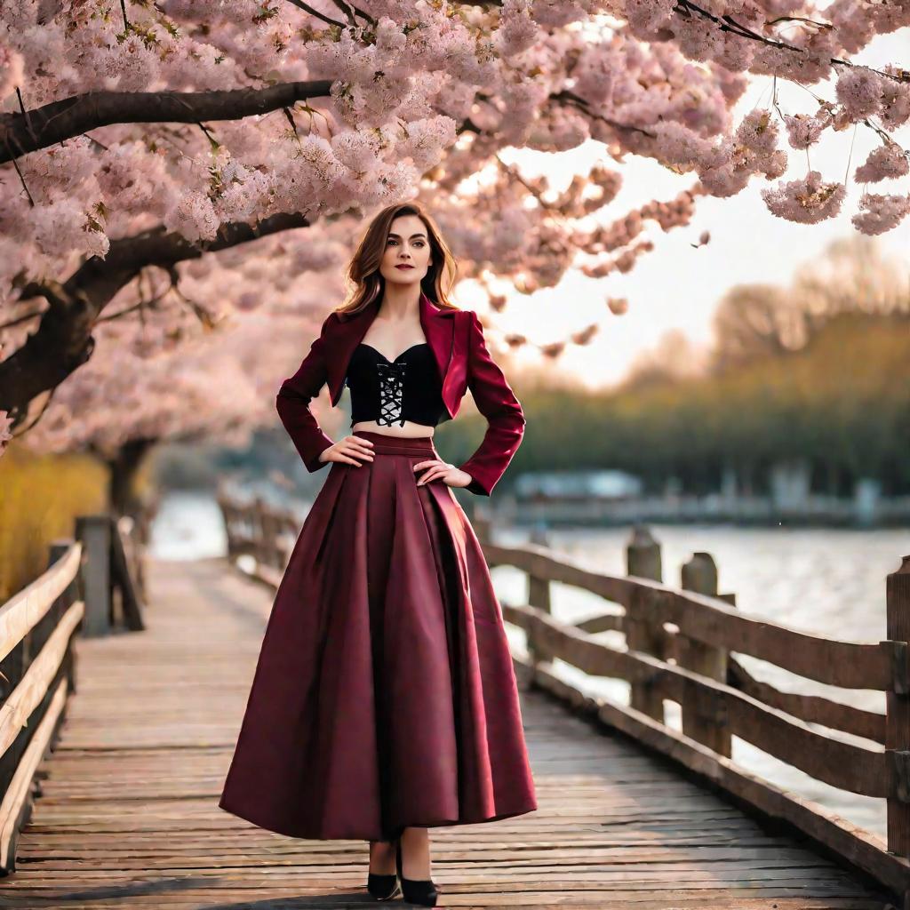 Женщина в укороченном пиджаке на деревянном пирсе среди вишни