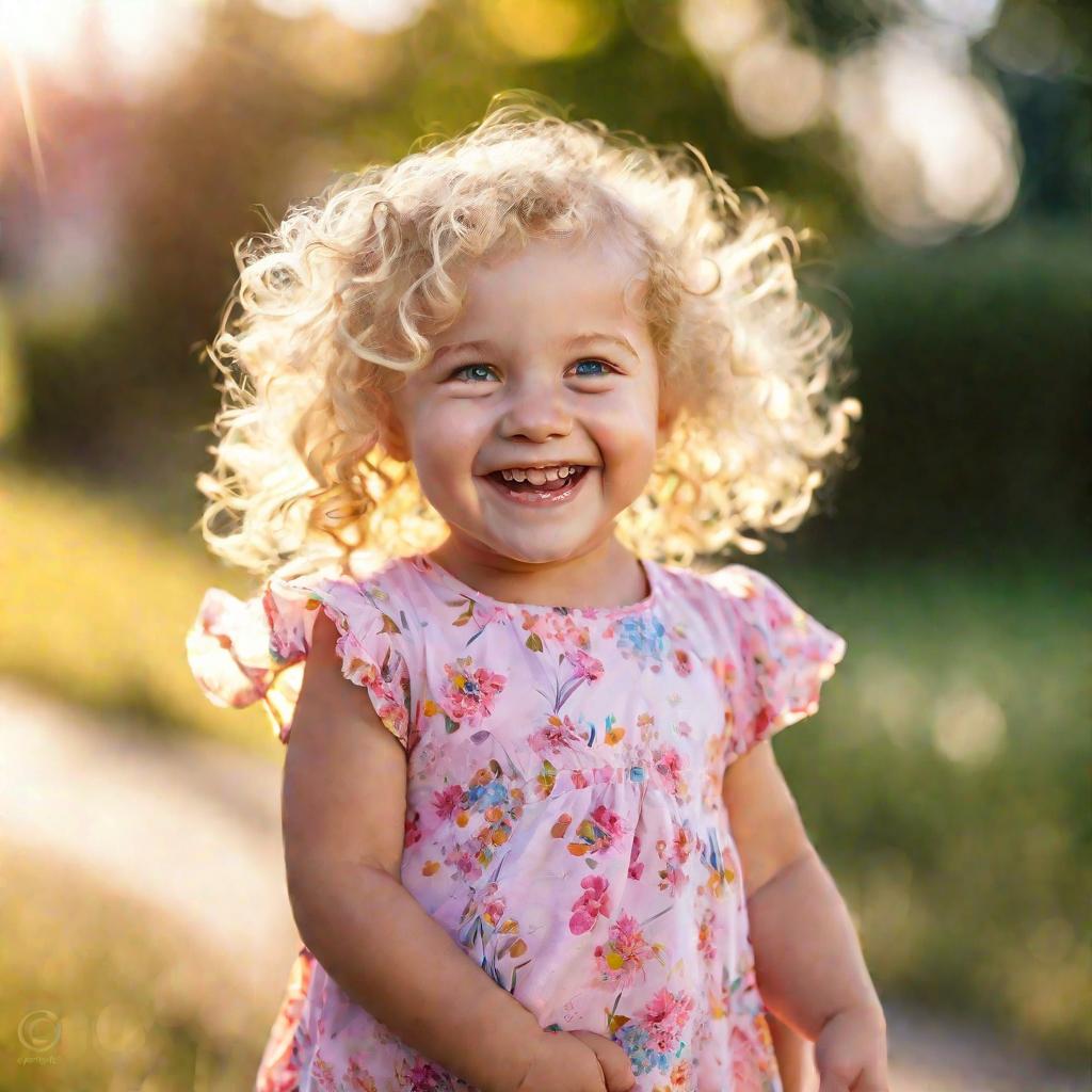 Портрет улыбающейся девочки-малышки в розовом цветочном летнем комбинезоне. У нее кудрявые светлые волосы, голубые глаза смотрят прямо в камеру. Съемка на улице в солнечный летний день в мягком золотом свете.