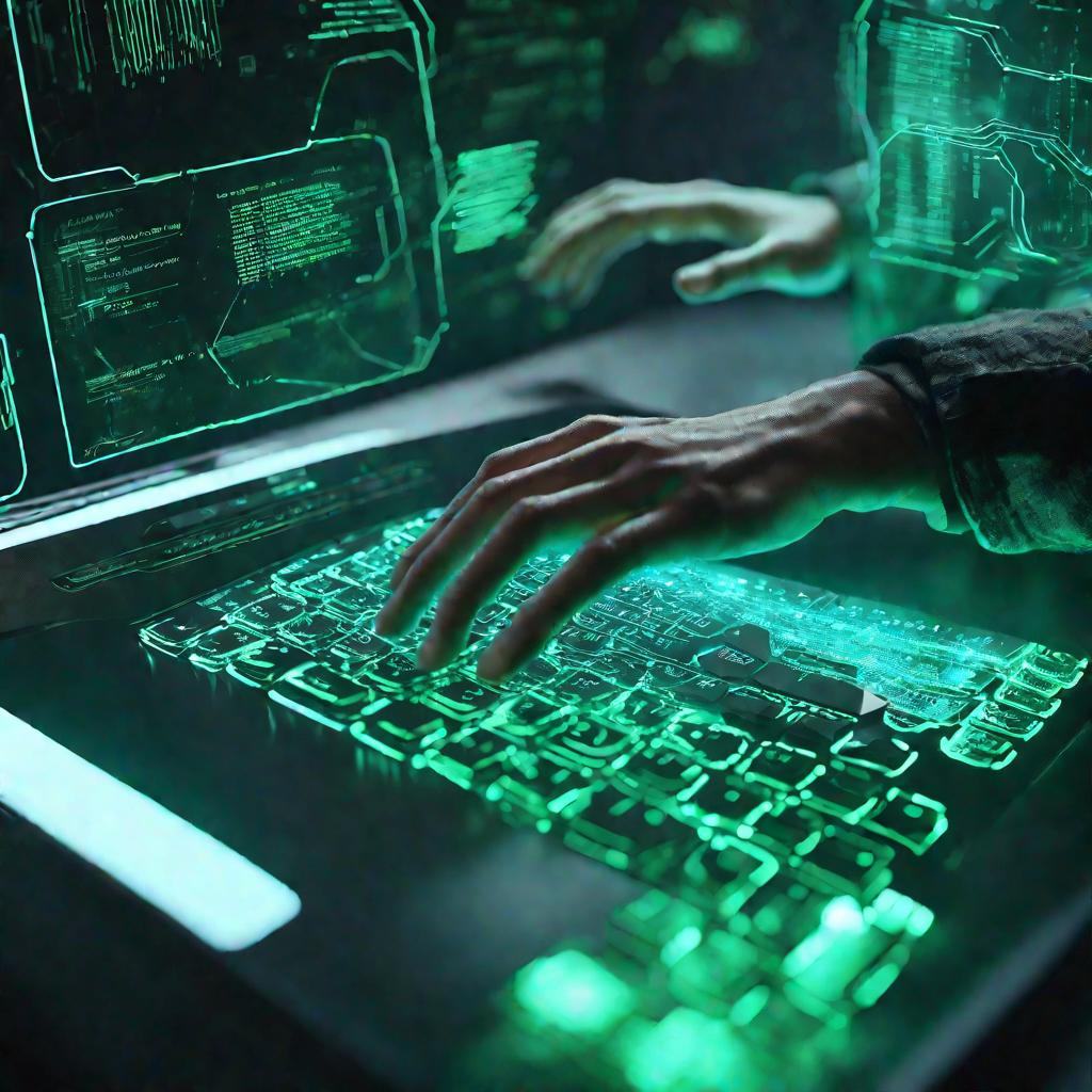 Драматичный наклонный вид сверху на две руки, печатающие код на футуристической голографической клавиатуре со светящимися клавишами, парящими в воздухе. Замысловатые строки зеленого кода отражаются от лица программиста, пока строки цифр и символов плавно 