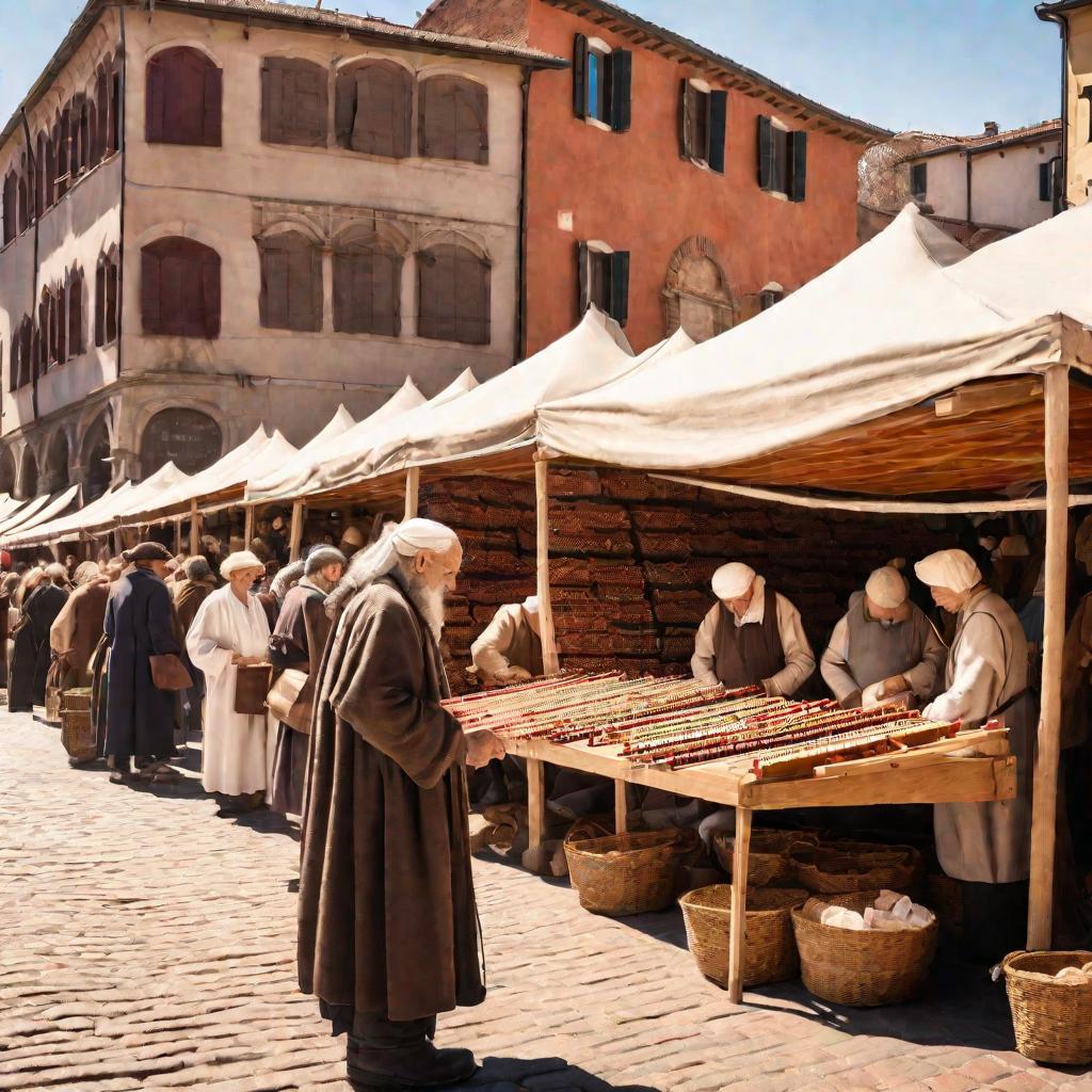 Итальянский купец XV века считает прибыль на абаке на рыночной площади.