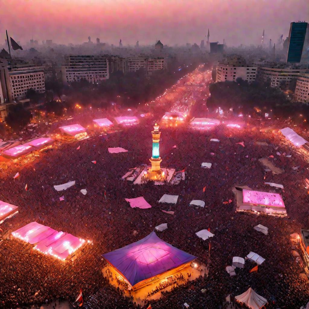 Большая демонстрация на площади Тахрир в Каире на рассвете