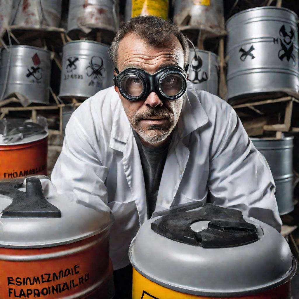 Портрет химика в защитной маске на фоне металлических бочек с легковоспламеняющимися и взрывоопасными веществами.