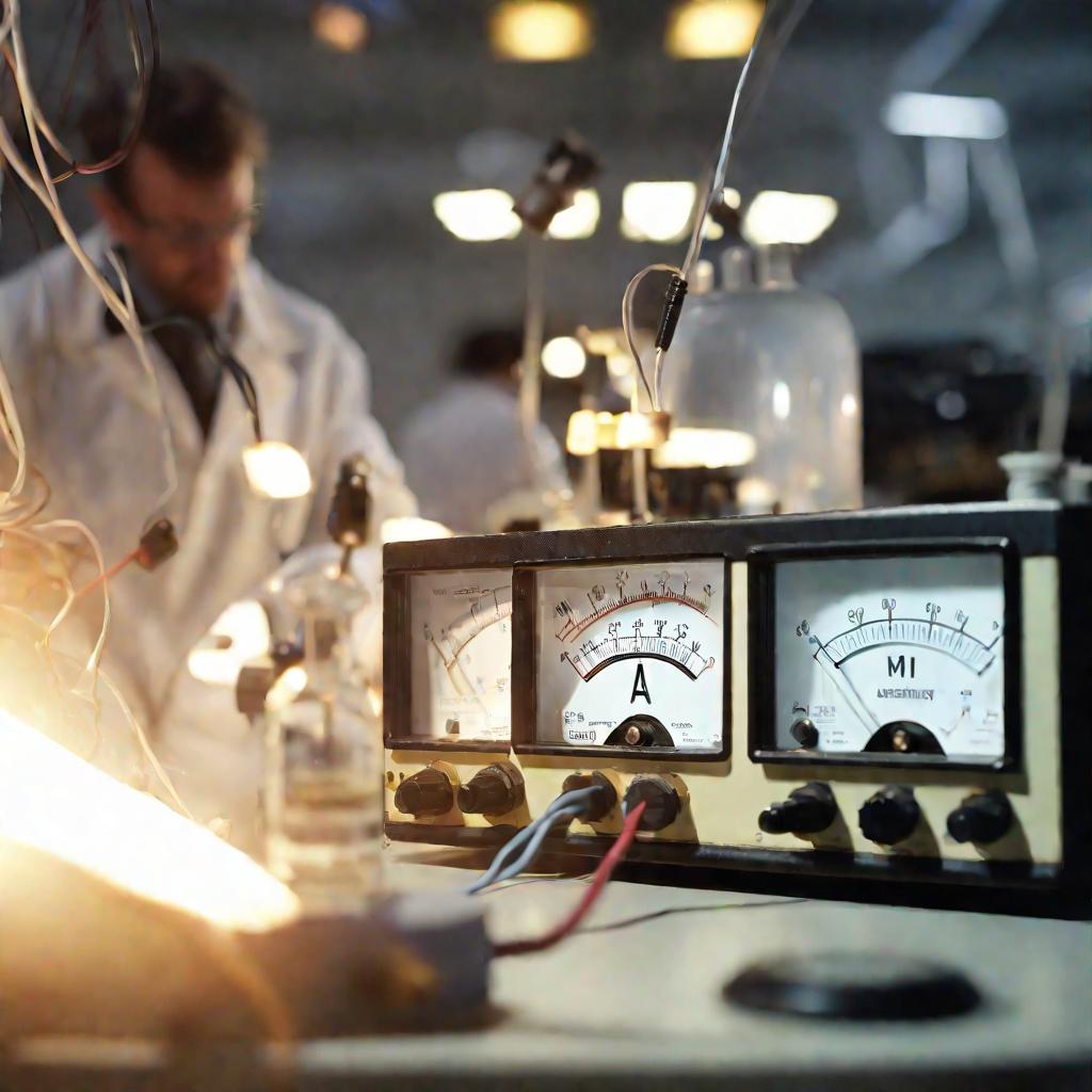 Ученый измеряет силу тока прибором в лаборатории
