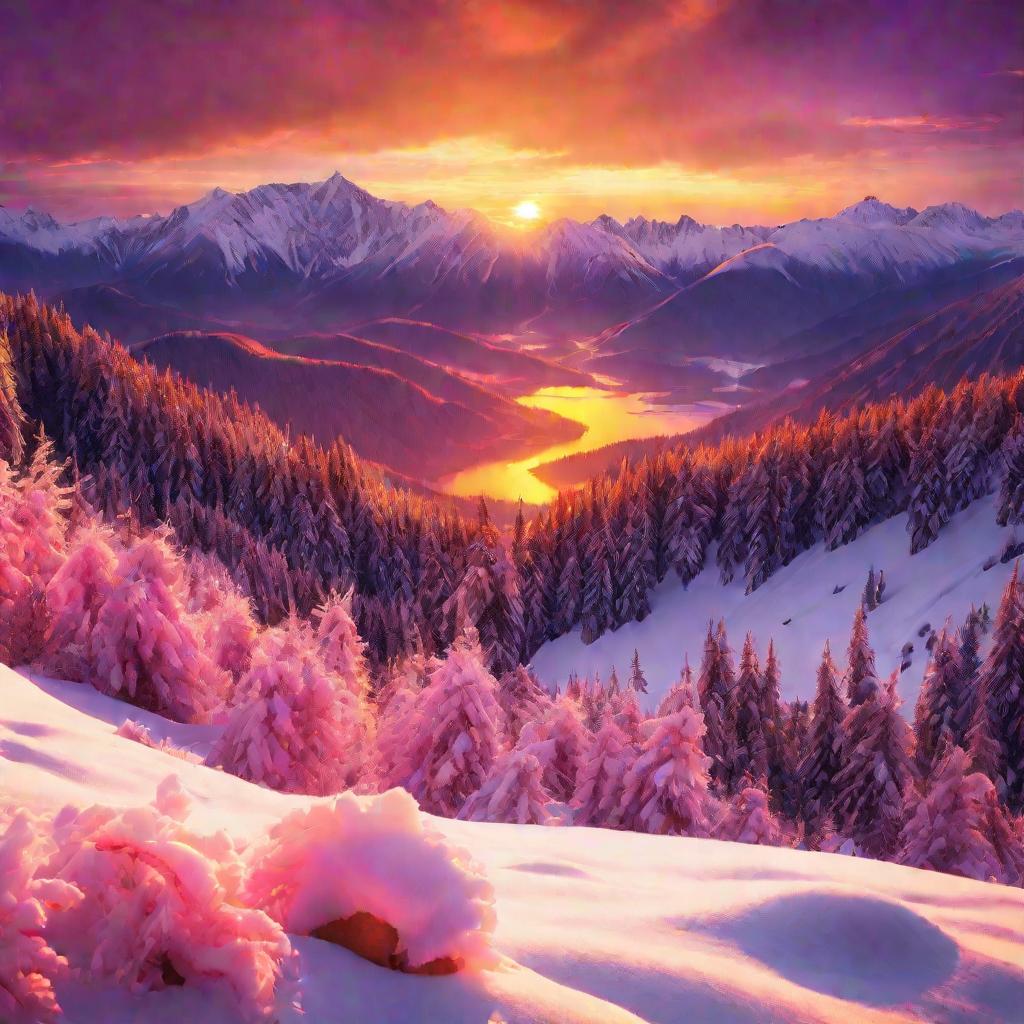 Величественный золотой закат над снежными горами